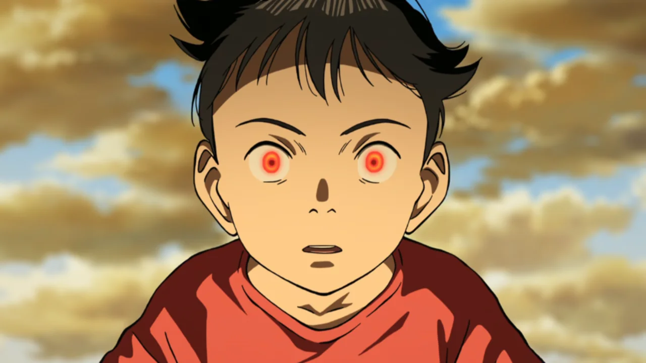 Atom con los ojos rojos encendidos en una escena clave del final del anime de Netflix