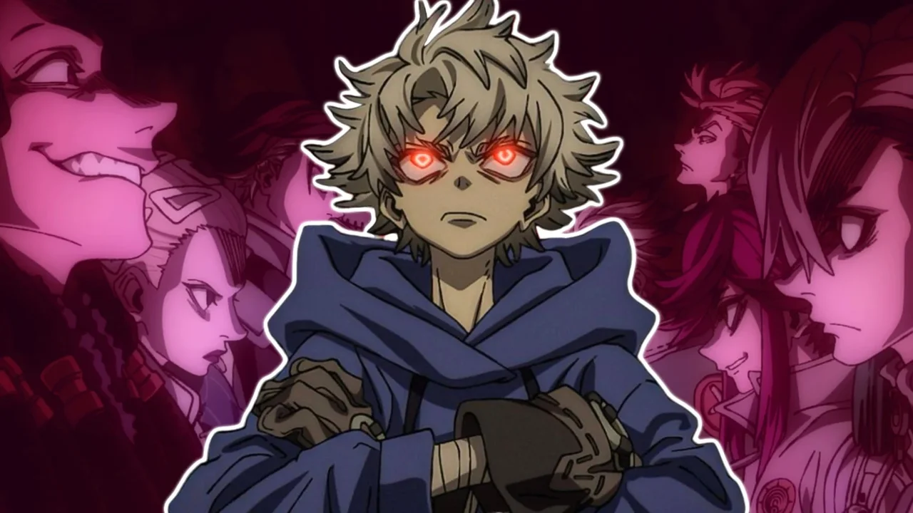 Rudo Surebrec con los ojos encendidos rodeado de los personajes principales del anime Gachiakuta