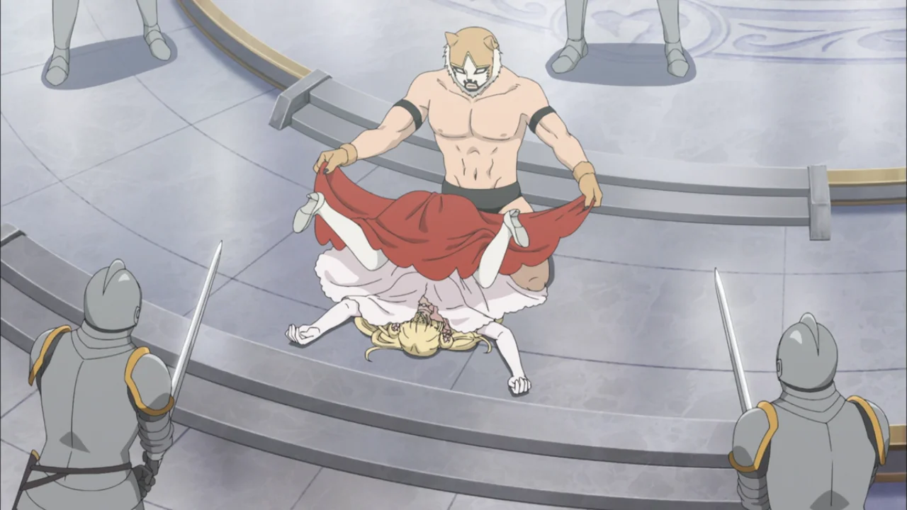 Genzo aplicando un suplex a la princesa en Hataage Kemono Michi, anime del autor de KonoSuba