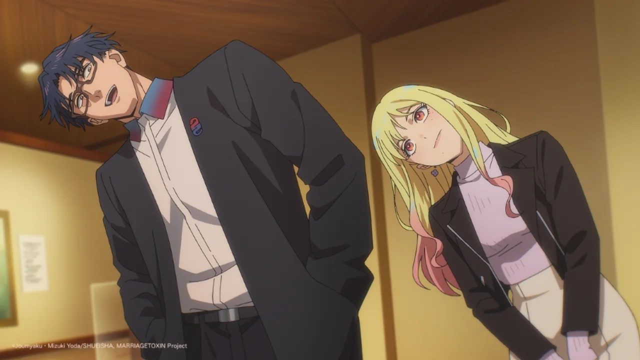 Gero y Kinosaki juntos en una escena del anime Marriagetoxin de Bones