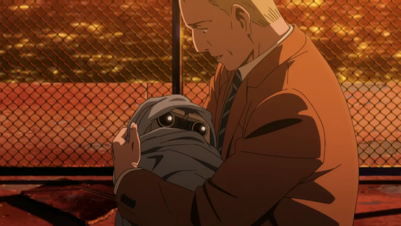 Gesicht abraza a su hijo adoptivo robot en Pluto, el anime de Naoki Urasawa