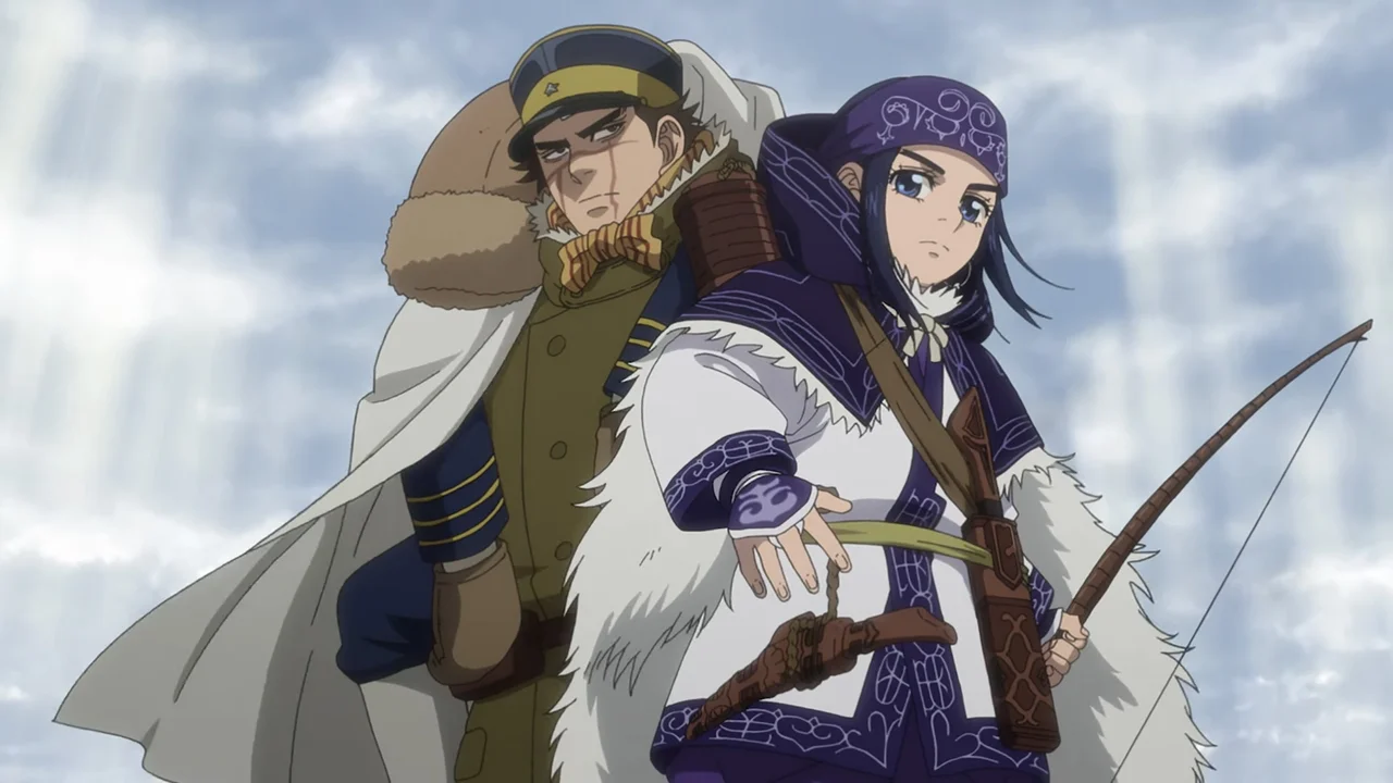 Sugimoto y Asirpa preparados para cazar en la nieve de Hokkaido en el anime Golden Kamuy