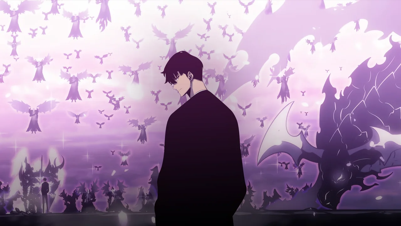 Sung Jinwoo rodeado de sombras y seres de luz durante la guerra final de Solo Leveling contra los Monarcas