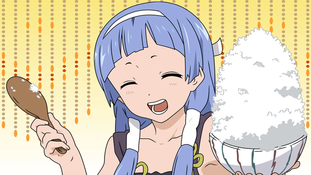 Nagi de Kannagi sosteniendo un cuenco de arroz y una cuchara antes de decir Itadakimasu