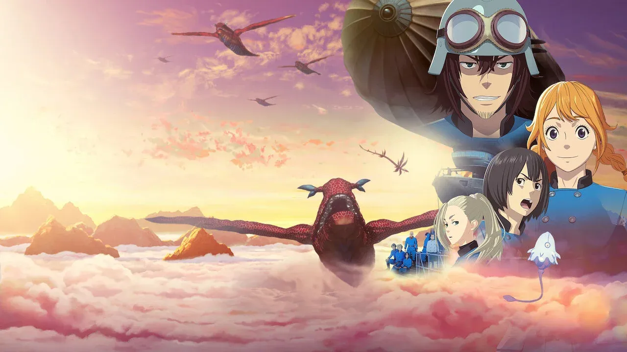 La tripulación del Quin Zaza cazando dragones entre las nubes en el anime Kuutei Dragons