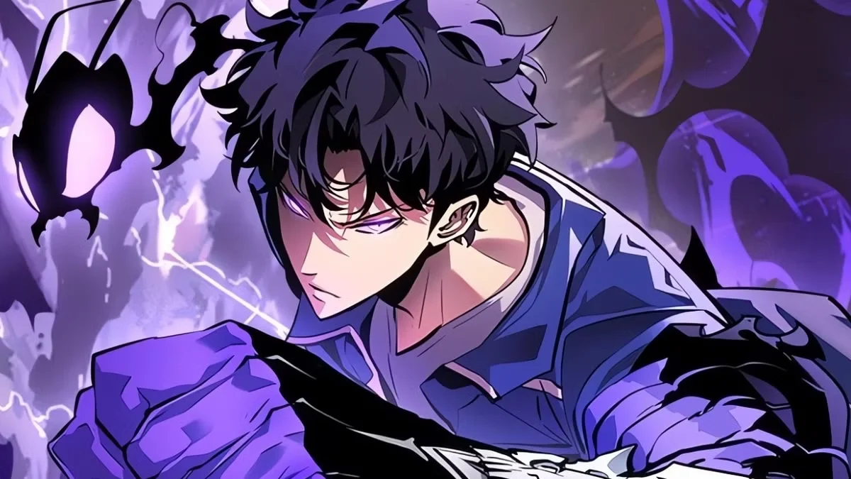 Sung Jinwoo en el manhwa de Solo Leveling rodeado de aura púrpura y sombras