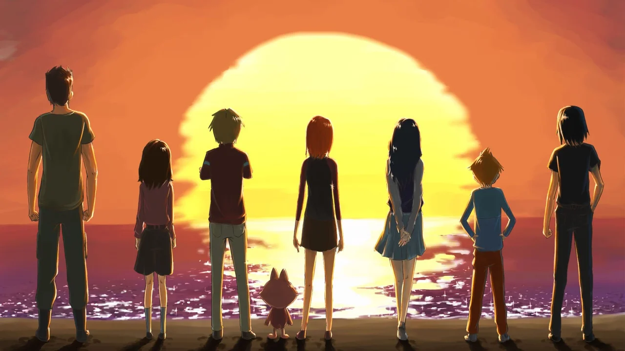 Los niños varados contemplando el atardecer en el planeta alienígena de Mujin Wakusei Survive