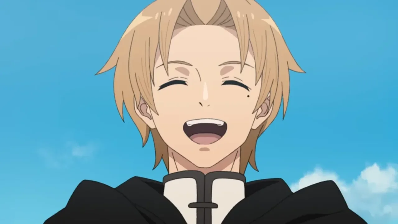 Rudeus Greyrat sonriendo en Mushoku Tensei Jobless Reincarnation, anime de isekai y fantasía