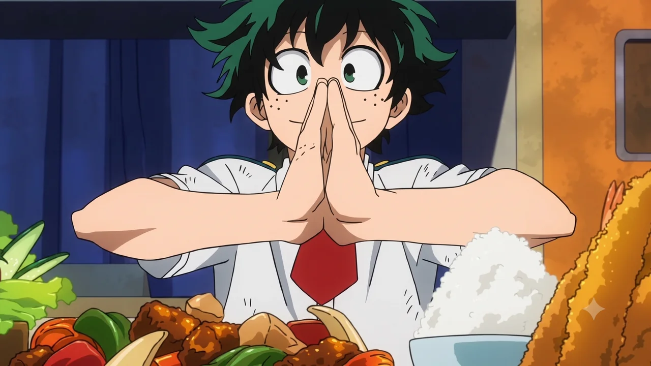 Deku de My Hero Academia juntando las manos para decir Itadakimasu antes de comer