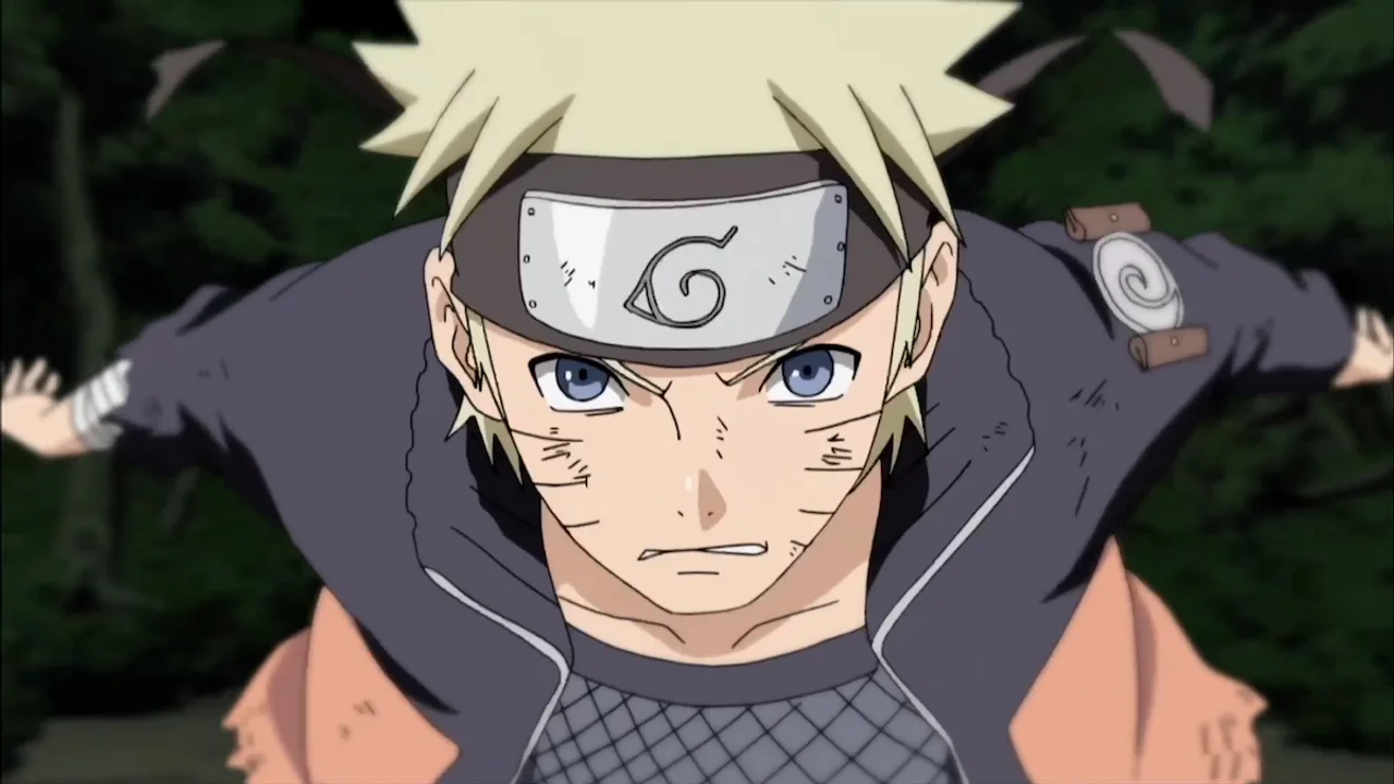 Naruto corriendo con los brazos hacia atrás, la postura ninja característica del anime de Masashi Kishimoto
