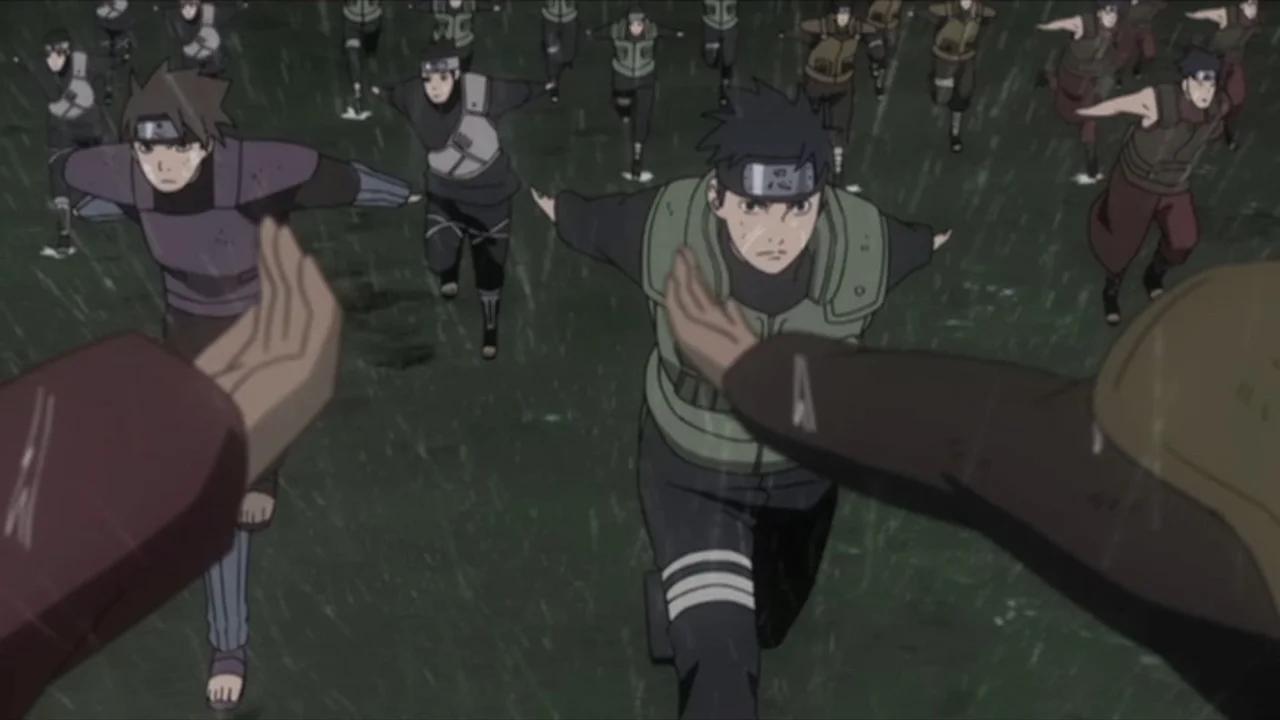 Ejército de ninjas de Naruto corriendo con los brazos hacia atrás durante la Gran Guerra Ninja del anime
