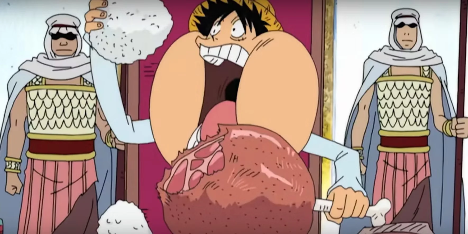 Luffy de One Piece comiendo con la boca abierta, escena típica de comer en el anime