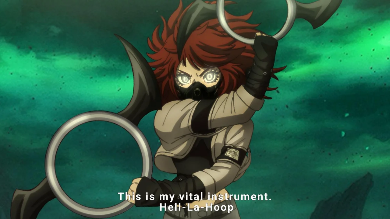 Riyo mostrando su Instrumento Vital Hell-La-Hoop en el anime Gachiakuta