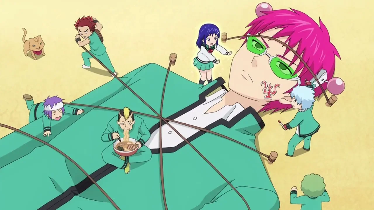 Saiki K atado al suelo mientras sus amigos caóticos lo rodean en The Disastrous Life of Saiki K
