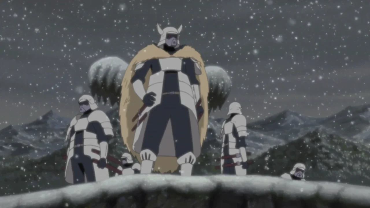 Samuráis del anime Naruto en un paisaje nevado, inspirados en los guerreros del Japón feudal