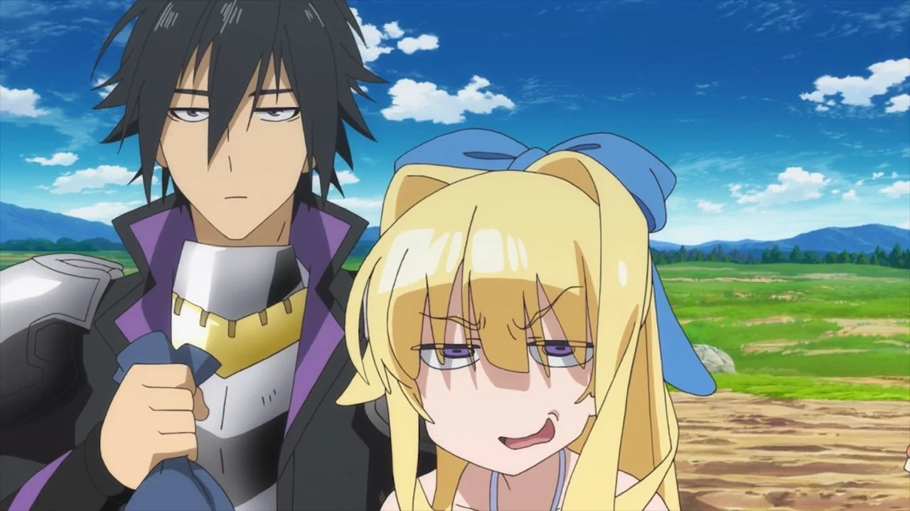 Seiya y la diosa Ristarte con cara de disgusto en Shinchou Yuusha, anime similar a KonoSuba