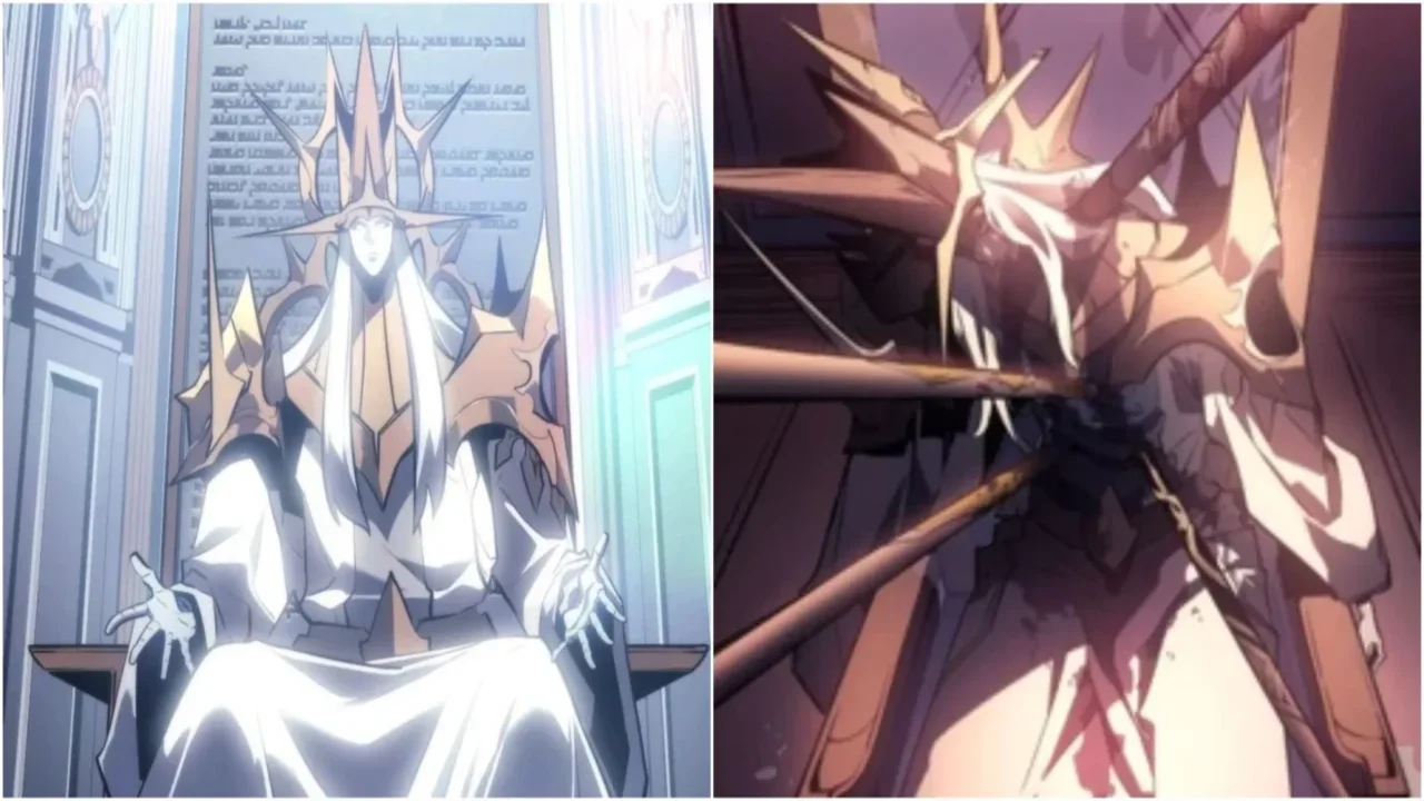 El Ser Absoluto en su trono y su posterior destrucción, el creador de los Monarcas y Gobernantes en Solo Leveling