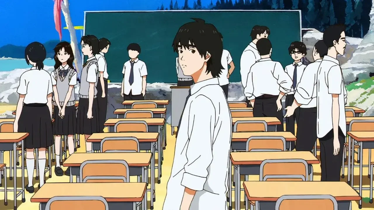 Estudiantes de instituto en un aula que aparece en un vacío interdimensional en Sonny Boy, anime experimental de Madhouse