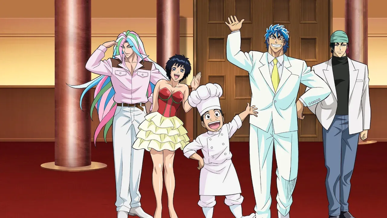 Toriko y Komatsu junto al resto del elenco principal del anime de cocina y aventuras Toriko