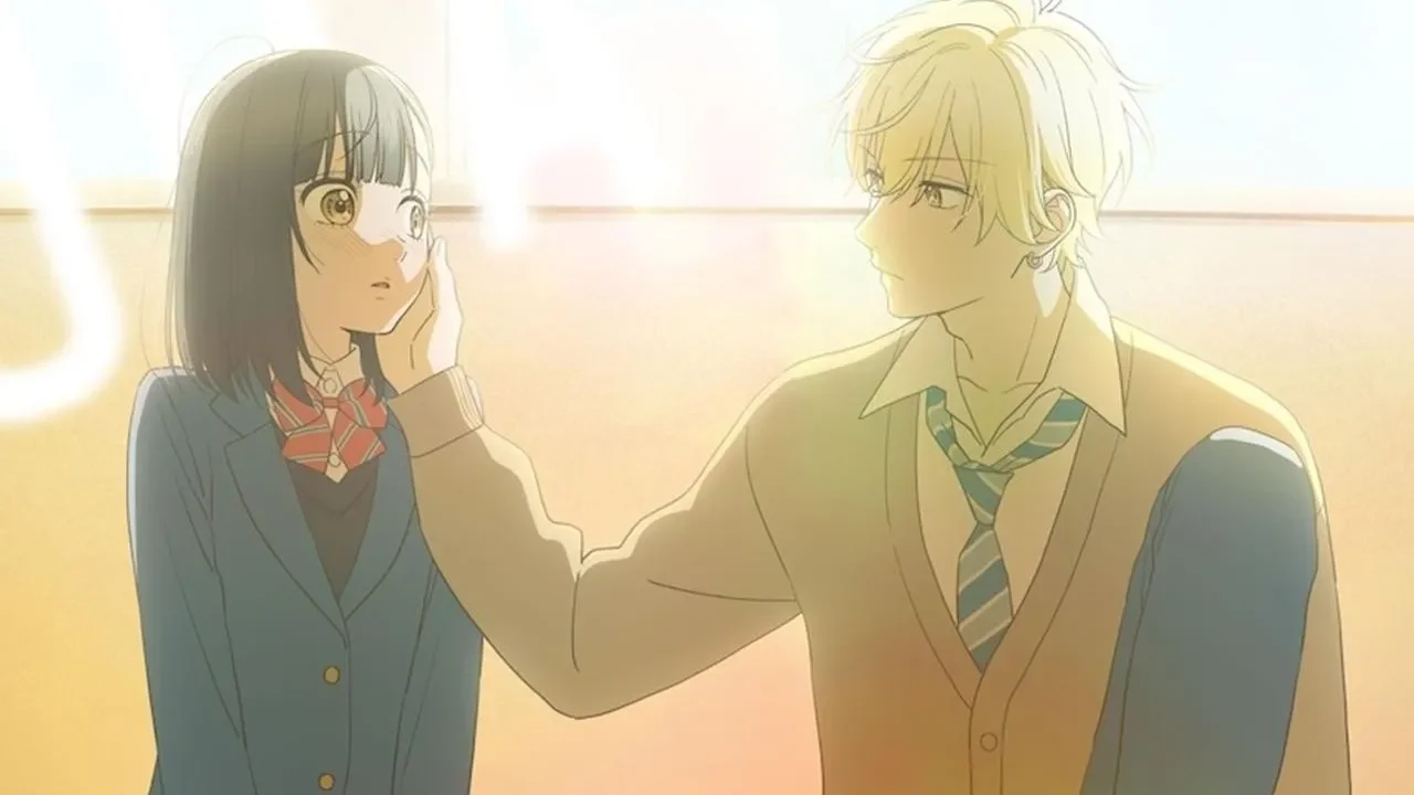 Kai Miura acaricia la mejilla de Uka Ishimori en Honey Lemon Soda, escena de declaración de amor en el salón de clases del anime shōjo