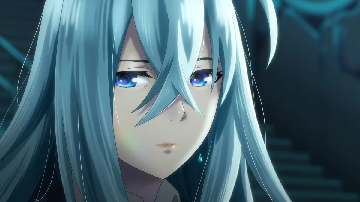 Vivy mirando al frente con expresión seria en Vivy: Fluorite Eye's Song, anime de ciencia ficción de WIT Studio