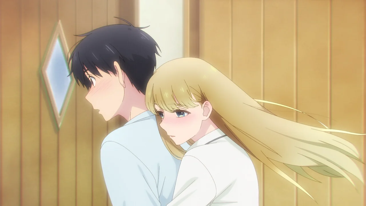Shiori Goshiki abrazando a Ichiro Kuga en A Galaxy Next Door, anime de romance cotidiano y trabajo en equipo