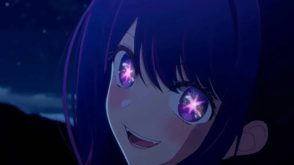 Ai Hoshino sonriendo en la noche con las dos estrellas brillantes en sus ojos en Oshi no Ko.