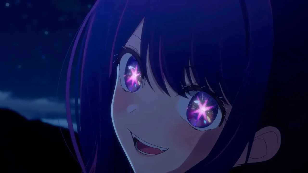 Ai Hoshino sonriendo en la noche con las dos estrellas brillantes en sus ojos en Oshi no Ko.
