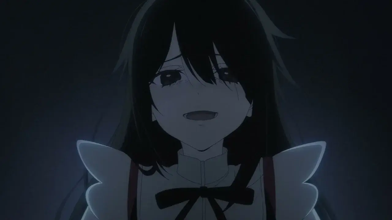 Ame-chan llorando en la oscuridad en el anime Needy Girl Overdose, representando el colapso mental de la streamer KAngel