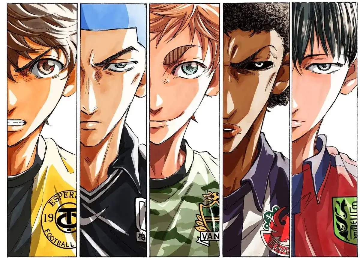 Paneles a color del manga Ao Ashi mostrando los intensos rostros de Ashito Aoi y sus principales rivales en el fútbol juvenil en la temporada 2 del anime