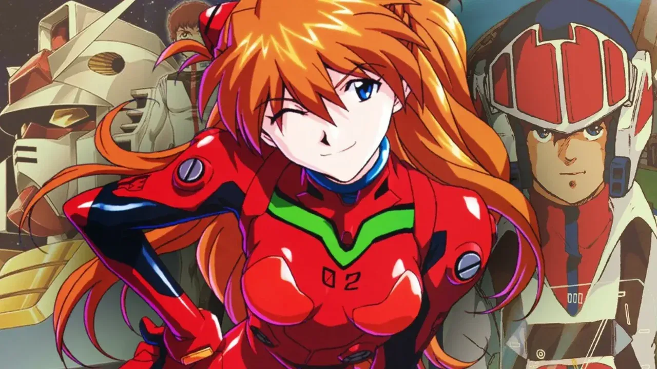 Asuka Langley con su traje piloto rojo del Eva-02 junto a Amuro Ray de Gundam, dos iconos del anime Mecha