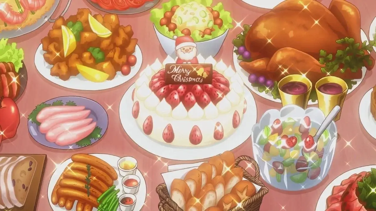 Mesa festiva de anime con pastel de fresas Kōhaku y pollo frito, la comida típica de Navidad en Japón