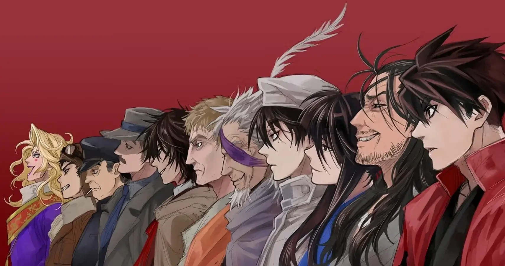 Personajes principales de Drifters en fila sobre fondo rojo, el anime isekai con guerreros históricos sociópatas