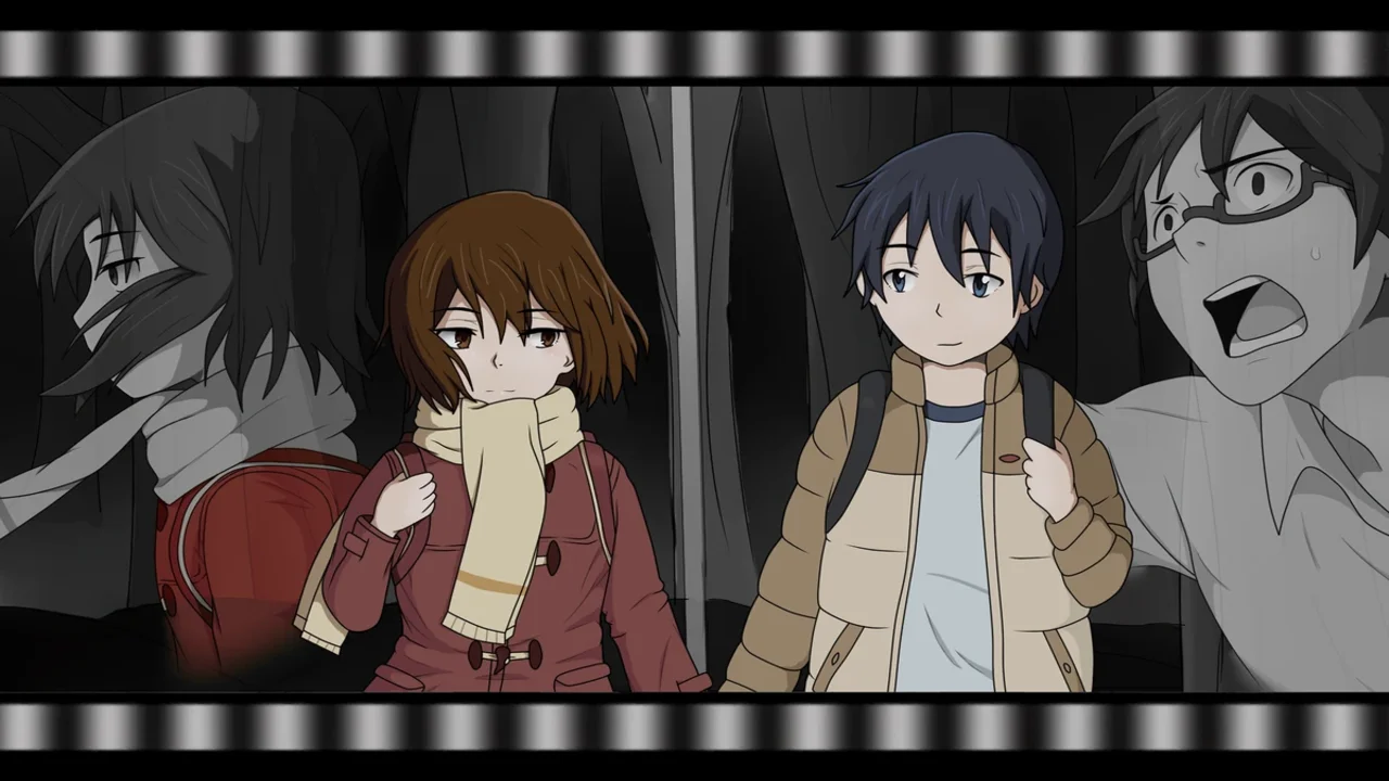 Escena de misterio del anime Erased (Boku dake ga Inai Machi) mostrando a los personajes Satoru Fujinuma y Kayo Hinazuki de niños, junto a una expresión adulta de sorpresa y tensión