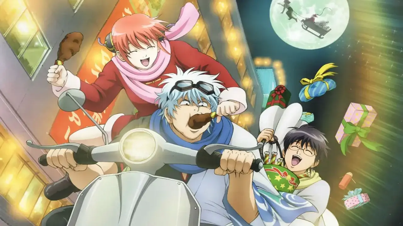 Gintoki, Kagura y Shinpachi en moto comiendo pollo frito durante la parodia navideña de Gintama