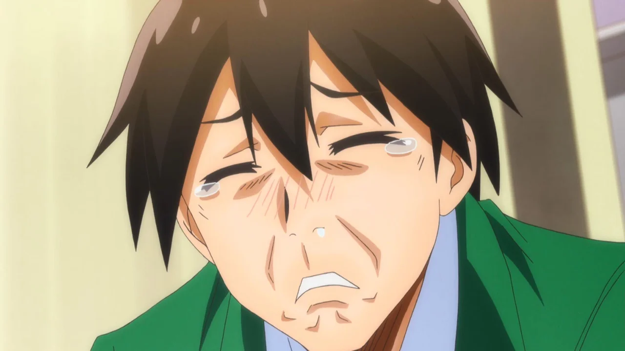 El protagonista Junichi Hashiba con una expresión cómica de desesperación y llorando en el anime de comedia romántica Hajimete no Gal (My First Girlfriend is a Gal)