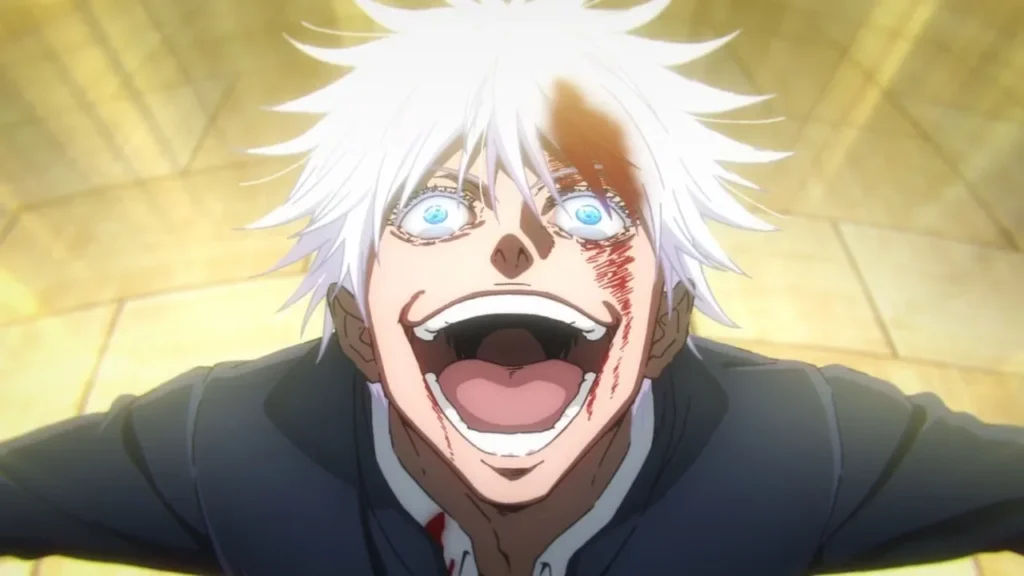 Gojo herido usando la Técnica Maldita Inversa para regenerarse en Jujutsu Kaisen, rodeado de energía positiva
