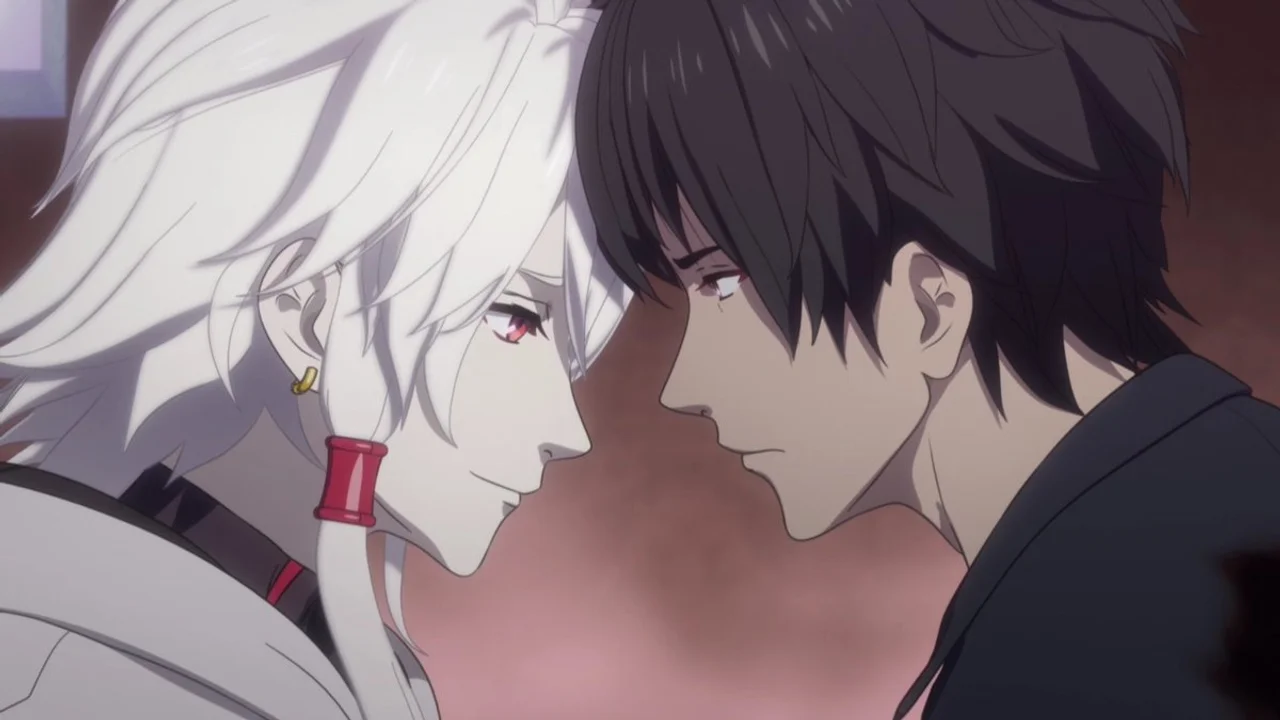 Los personajes Yaha-kui zaShunina y Kojiro Shindo mirándose fijamente frente a frente en una escena de tensión del anime de ciencia ficción Kado: The Right Answer