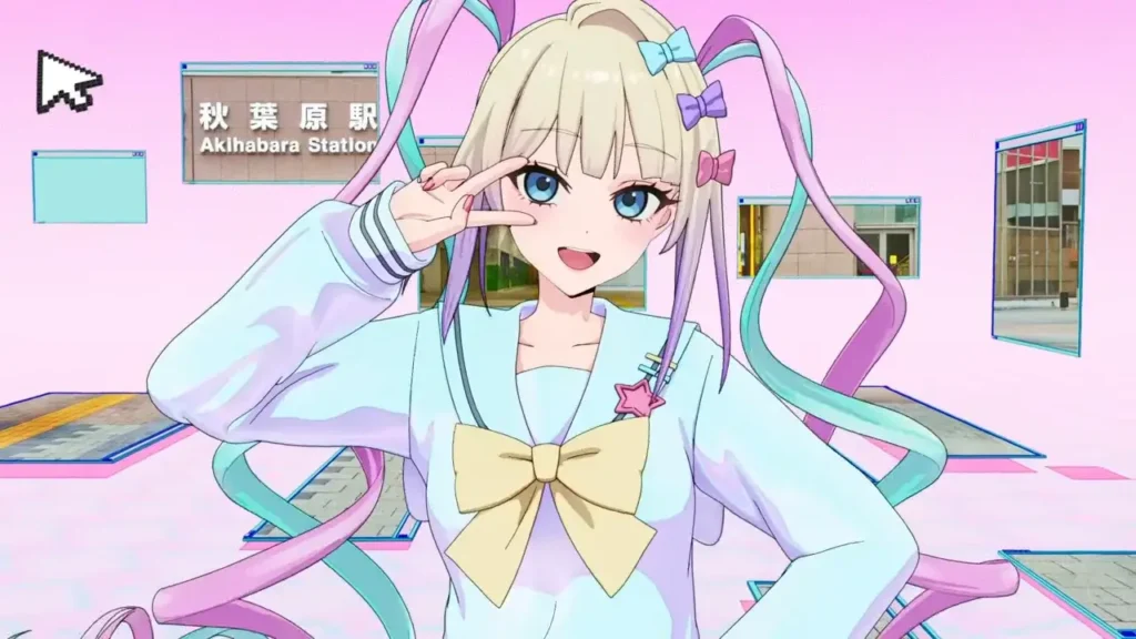 KAngel haciendo la señal de victoria frente a la estación de Akihabara en Needy Girl Overdose, con su característico estilo pastel y coletas largas