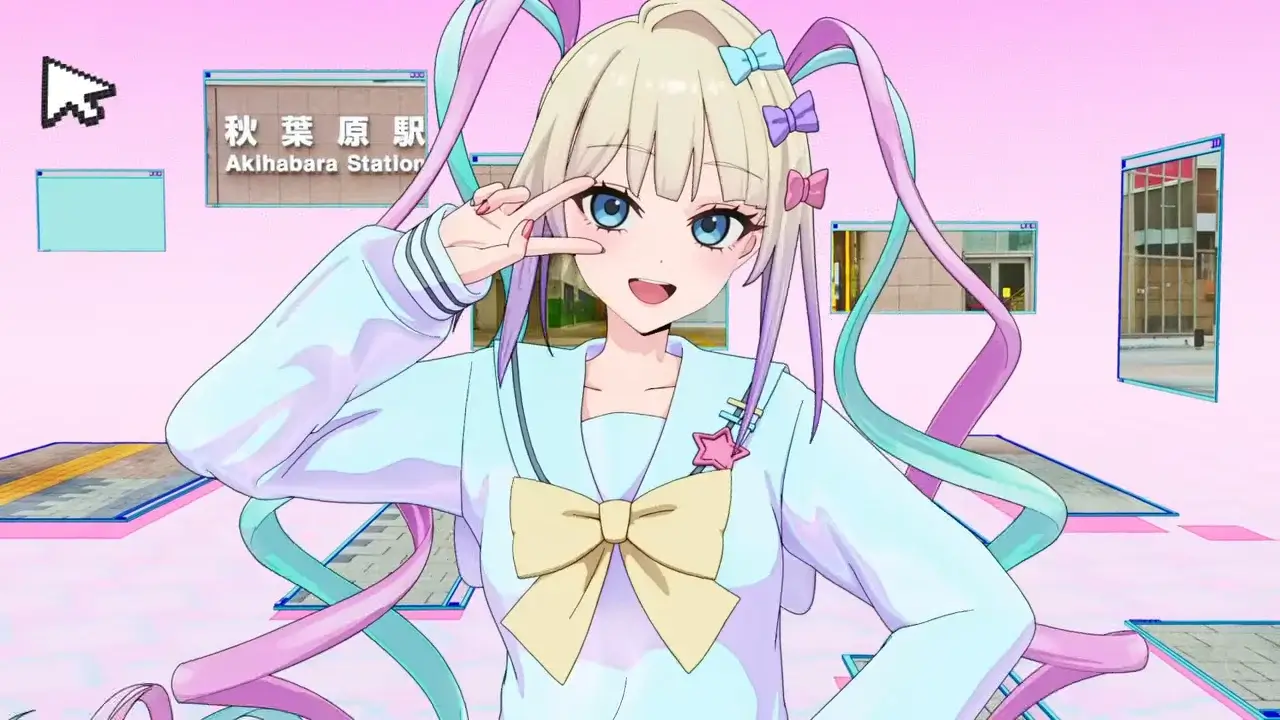 KAngel haciendo la señal de victoria frente a la estación de Akihabara en Needy Girl Overdose, con su característico estilo pastel y coletas largas