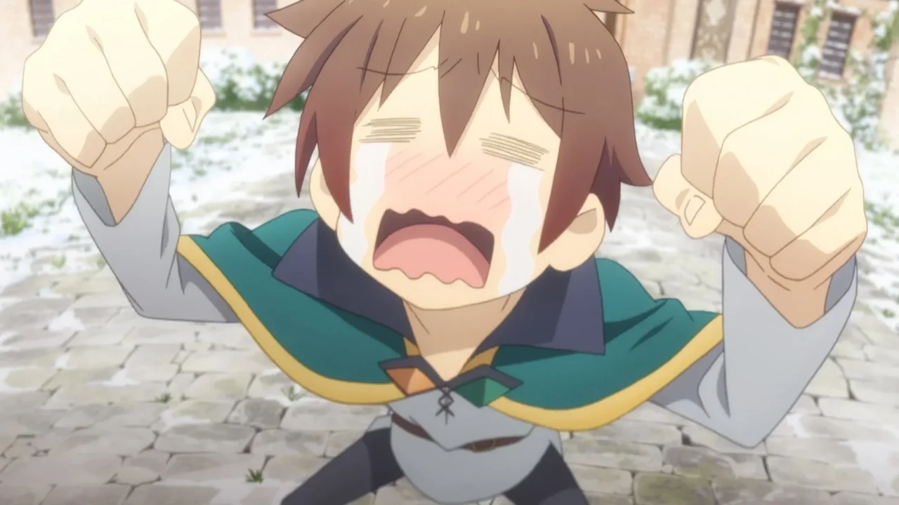 Kazuma llorando y gritando desesperado en una escena cómica de KonoSuba, anime Isekai de humor