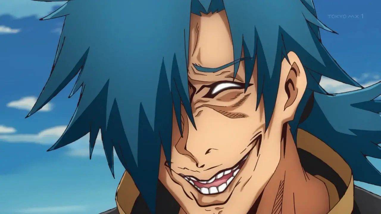 Kinji Ninomiya con expresión de locura en Meikyuu Black Company, el protagonista villano del anime isekai
