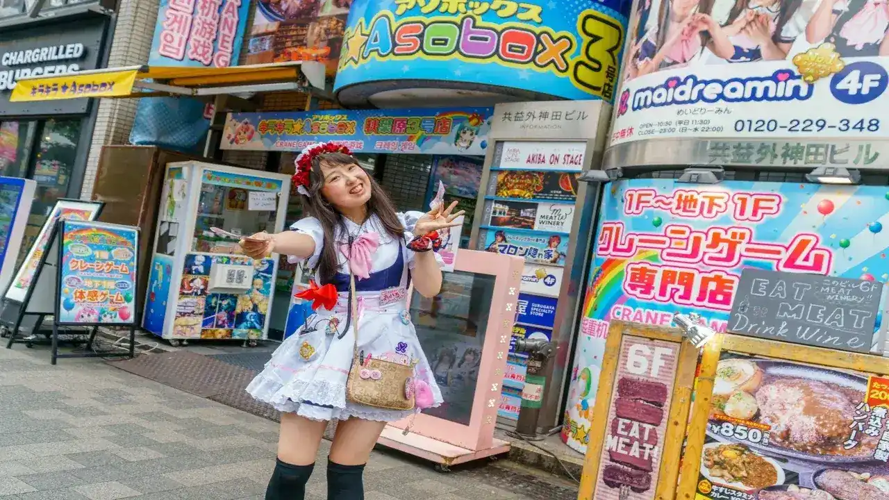 Chica vestida de maid repartiendo folletos frente al café Maidreamin en las calles de Akihabara, Tokio.