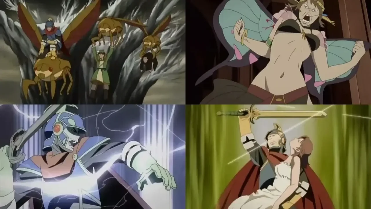 Cambio de estilo visual RPG de fantasía medieval en el episodio 5 de Paranoia Agent, "El Guerrero Santo"