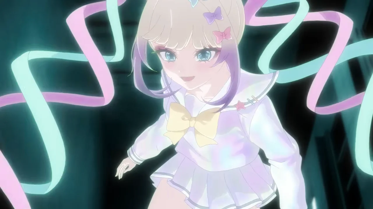 KAngel rodeada de cintas de neón flotantes en Needy Girl Overdose, con su uniforme blanco y lazos pastel en un entorno oscuro y onírico