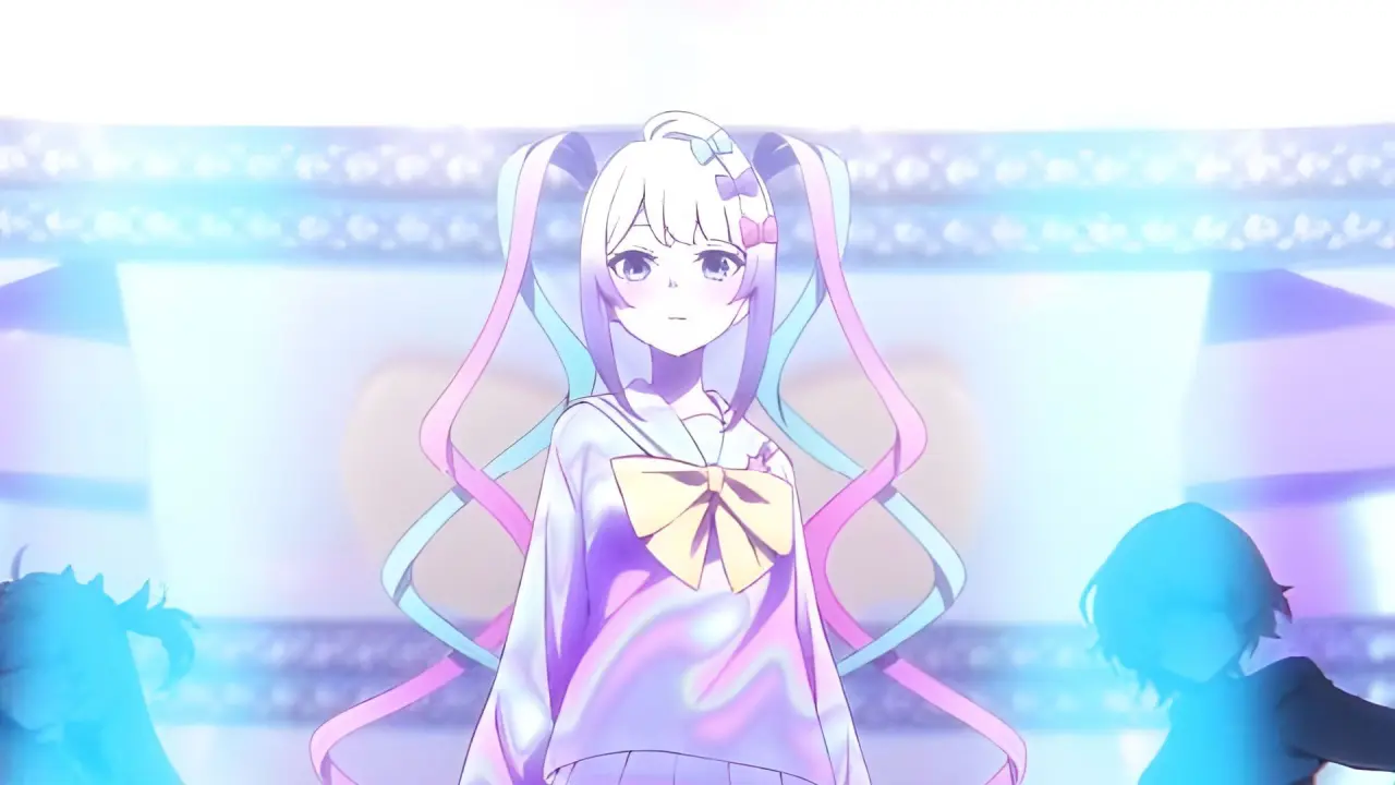 OMGKawaiiAngel en el escenario de un concierto rodeada de fans en el anime Needy Girl Overdose, con iluminación azul y ambiente de ídolo virtual