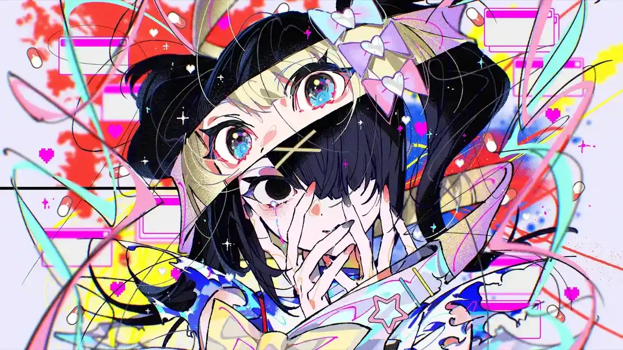 Fanart de Ame-chan y KAngel de Needy Streamer Overload mostrando la dualidad entre su identidad real y su avatar de internet, con estética denpa y colores saturados