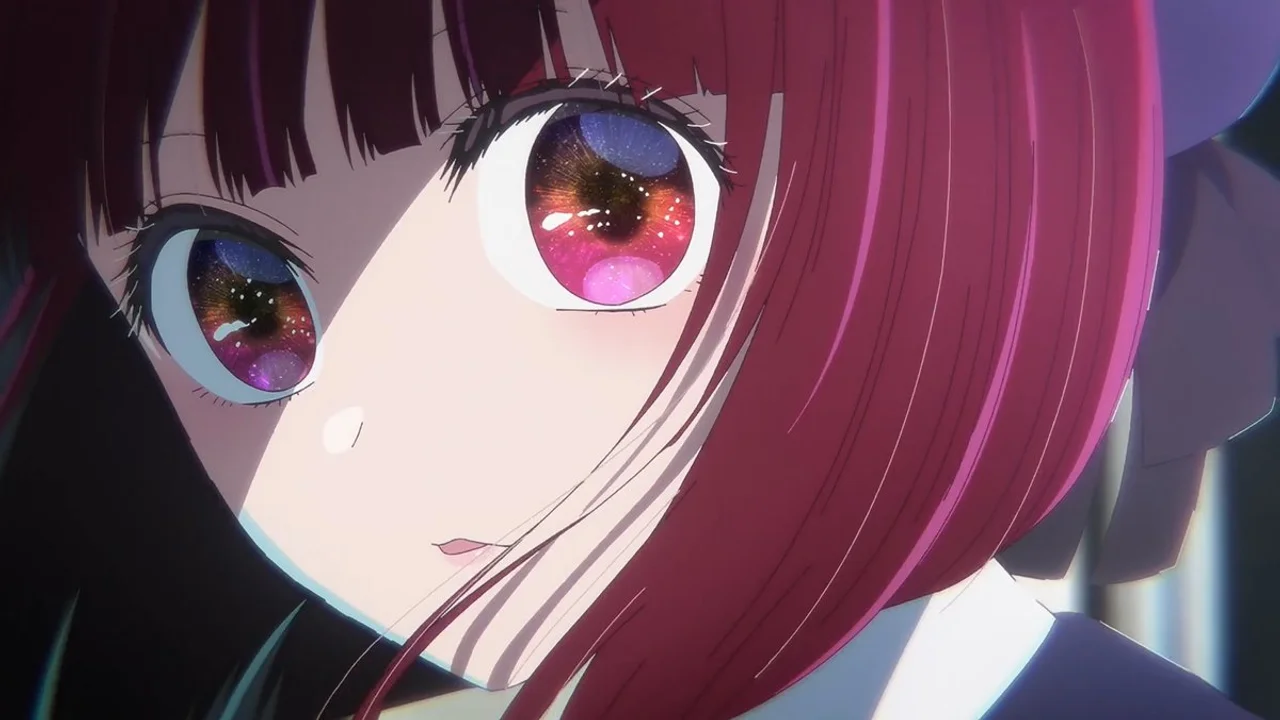Kana Arima mostrando sus característicos ojos de galaxia con brillos sueltos en Oshi no Ko