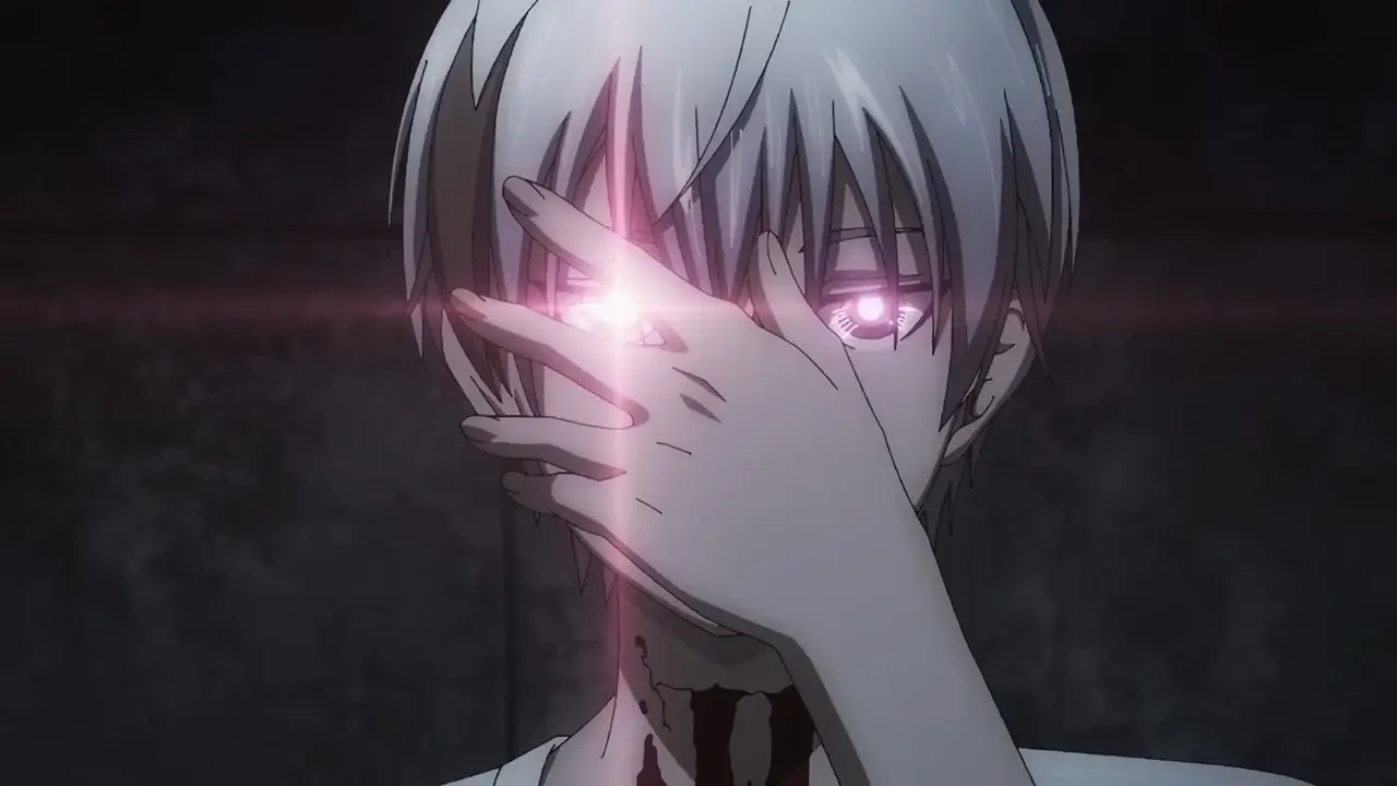 Polka Shinoyama cubriendo su ojo con la mano en Dead Mount Death Play, el nigromante isekai inverso en Tokio