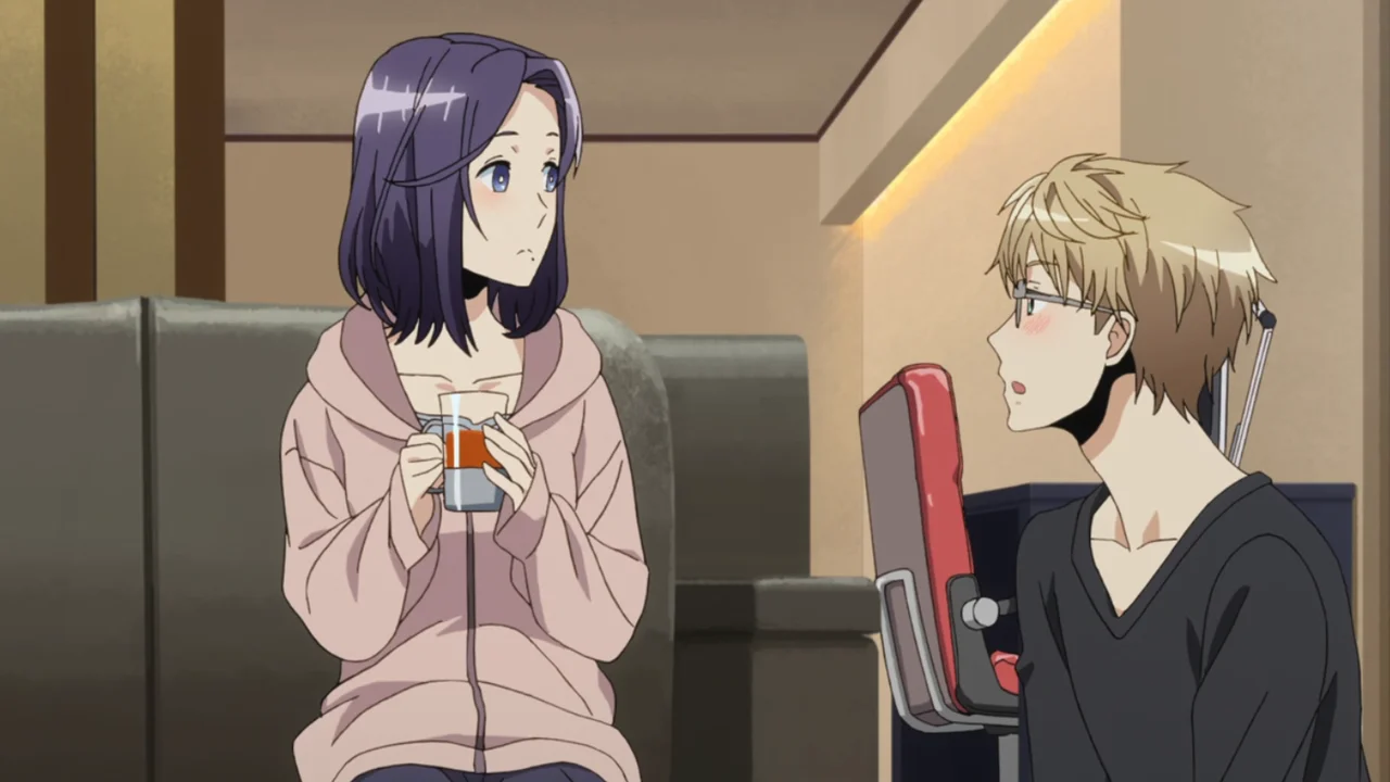 Moriko Morioka y Sakurai en Recovery of an MMO Junkie, anime de romance virtual y burnout laboral